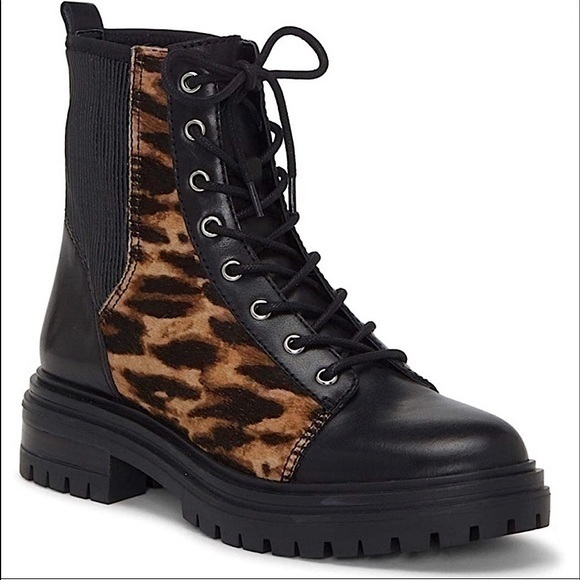 Vince Camuto Women’s size 6.5 black leopard print horse hair combat boot lugs